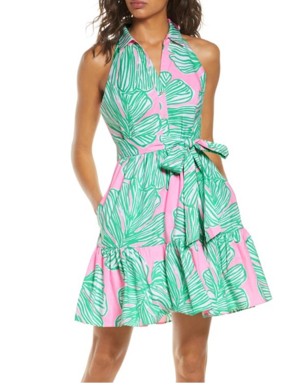 NWT Lilly Pulitzer Pink/Green Trisha Stretch Shirtdress: Who Let the Fronds Out - Picture 2 of 11